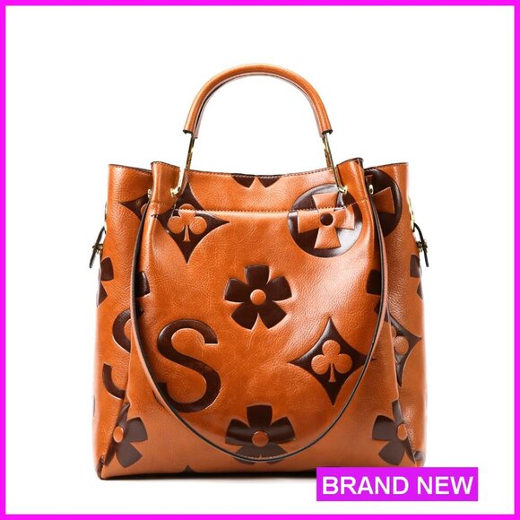 Handbags - Floral Embossed Leather Top Handle Hobo Tote Shoulder Bag Large Capacity